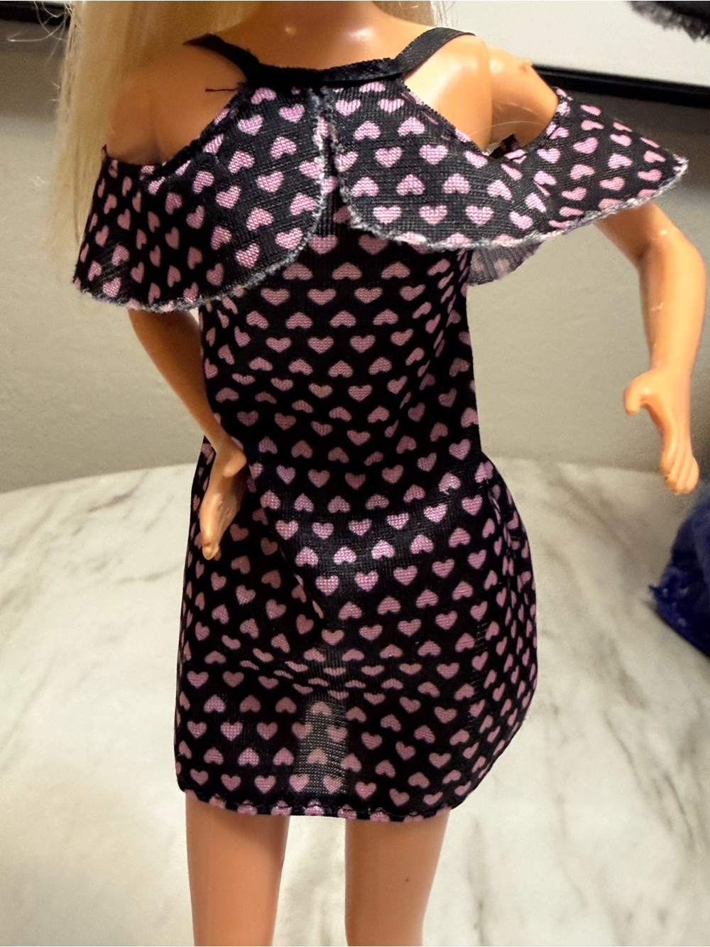 Barbie Mattel doll’s black with pink heart jumper outfit and heels